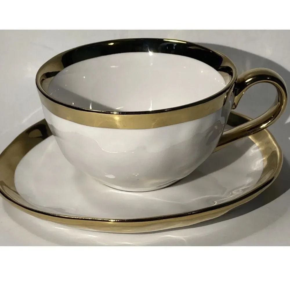 Set of 4 Gold Metallic Porcelain Cup & Saucer
